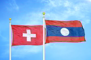 Swiss and Lao national flags waving