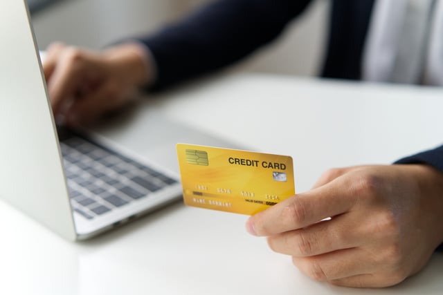 มือถือบัตรเครดิตเพื่อชำระค่าสมัครวีซ่าอีวีซ่า