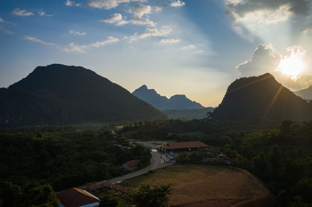 Aerial Sunset View Over Vang Vieng