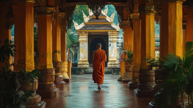 Buddhist Monk Walking Temple Luang Prabang