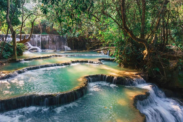 Kuang Si Waterfall With Turquoise Pools