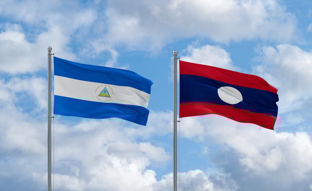Laos And Nicaragua Flags Waving Together On Blue Cloudy Sky