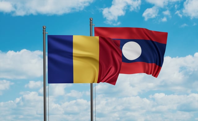 Laos Flag And Romania Flag Waving Together