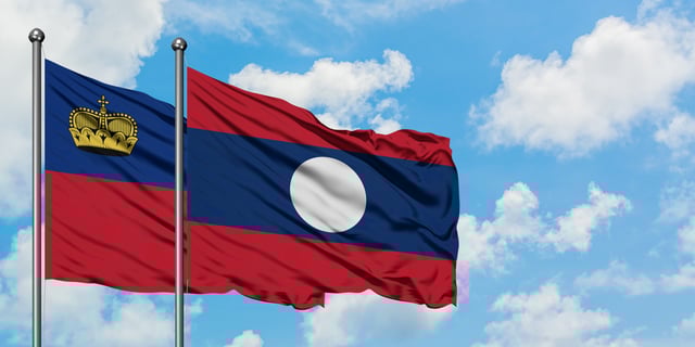 Liechtenstein And Laos Flag Waving In The Wind