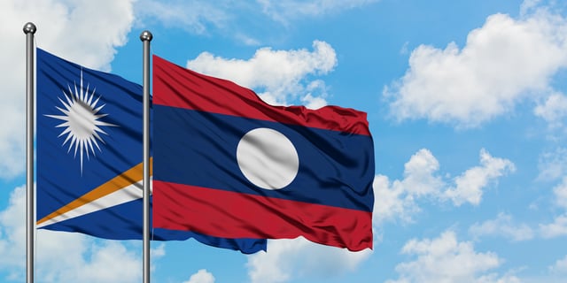 Marshall Islands And Laos Flag Waving In The Wind
