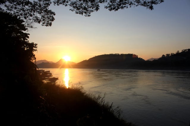 Mekong River Sunset Over Hills