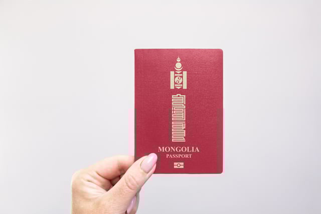Mongolia Passport Held In Hand Against A Plain White Background