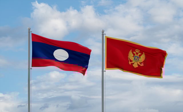 Montenegro And Laos Flags Waving Together In The Wind On Blue Cloudy Sky