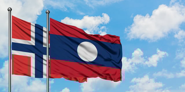 Norway And Laos Flag Waving In The Wind Against White Cloudy