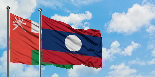 Oman And Laos Flag Waving In The Wind Against White Cloudy