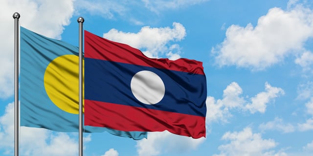 Palau And Laos Flag Waving In The Wind Against White Cloudy
