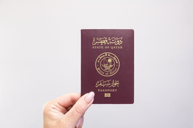 Qatar Passport Held In Hand Against A Plain White Background
