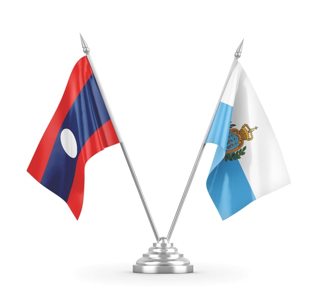San Marino And Laos Table Flags Isolated On White 3d Rendering.