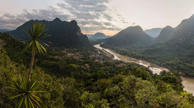 Sunset Panorama Of Muang Ngoi Neua Village And Nam