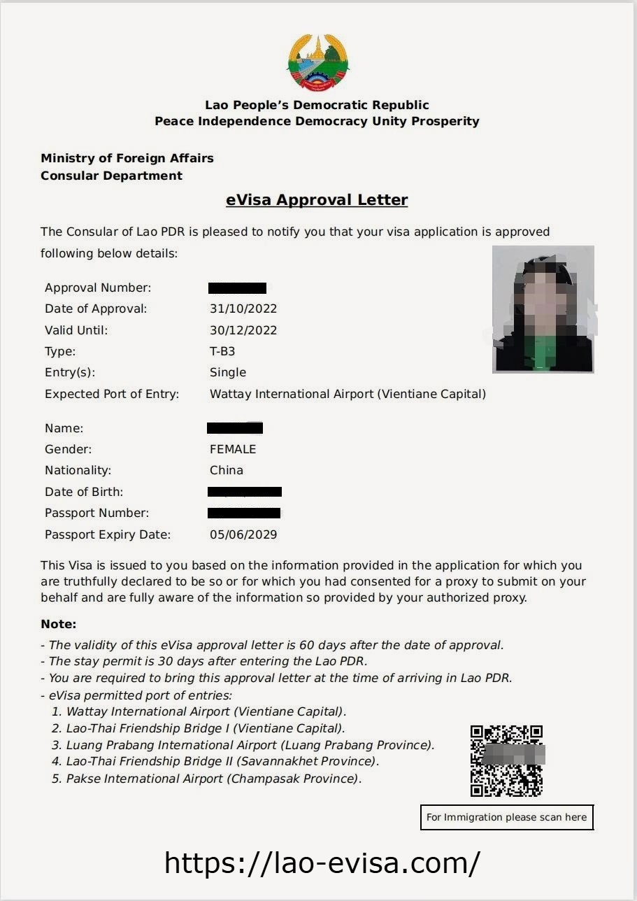 Lao eVisa Approval Letter