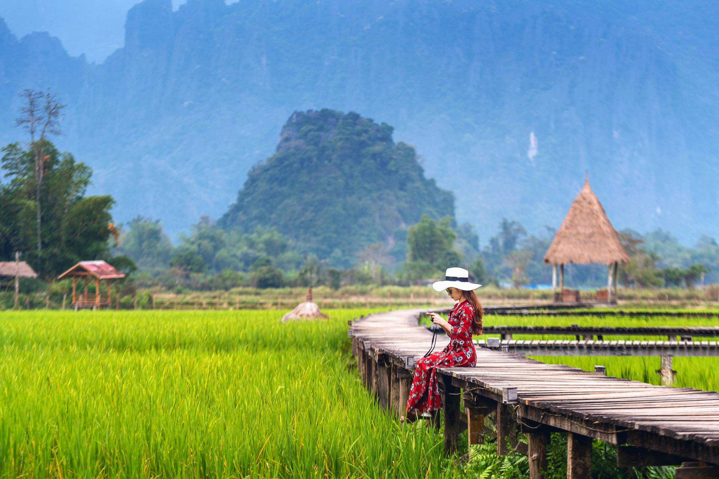 Young woman sitting on a wooden path with green rice fields in Vang Vieng, Laos